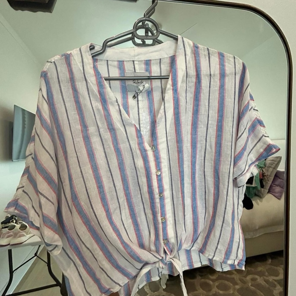 Rails White and Blue Short Sleeve Tie Front Top